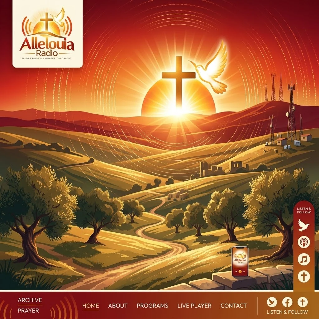Warm landscape with Christian radio signal artwork